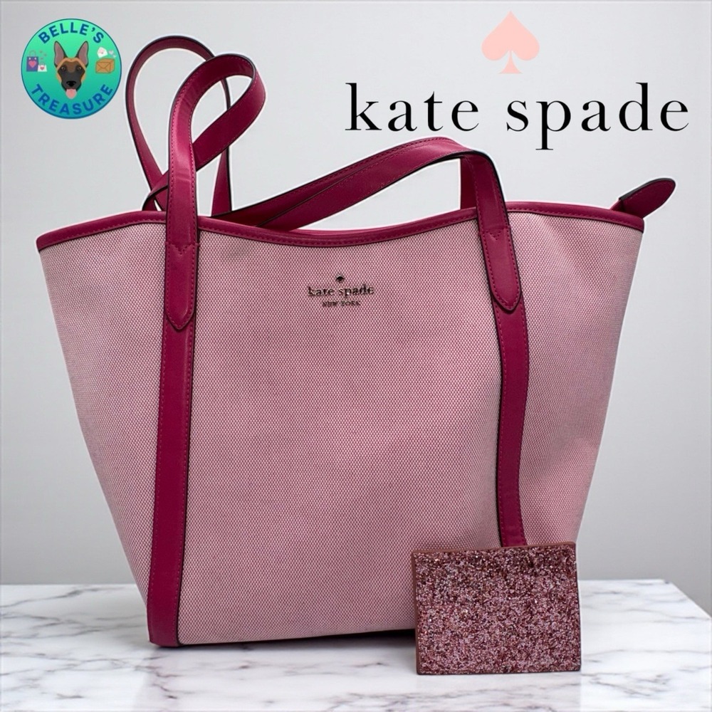 Kate Spade New York Tote Bag Womens Pink Canvas Handbag & Glitter Card Holder‎